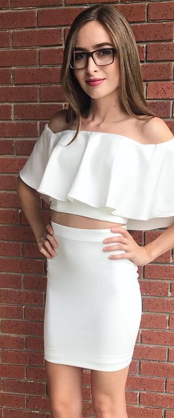 Sexy Two Piece Off The Shoulder Short White Homecoming Dresses Kimora Tight CD22881