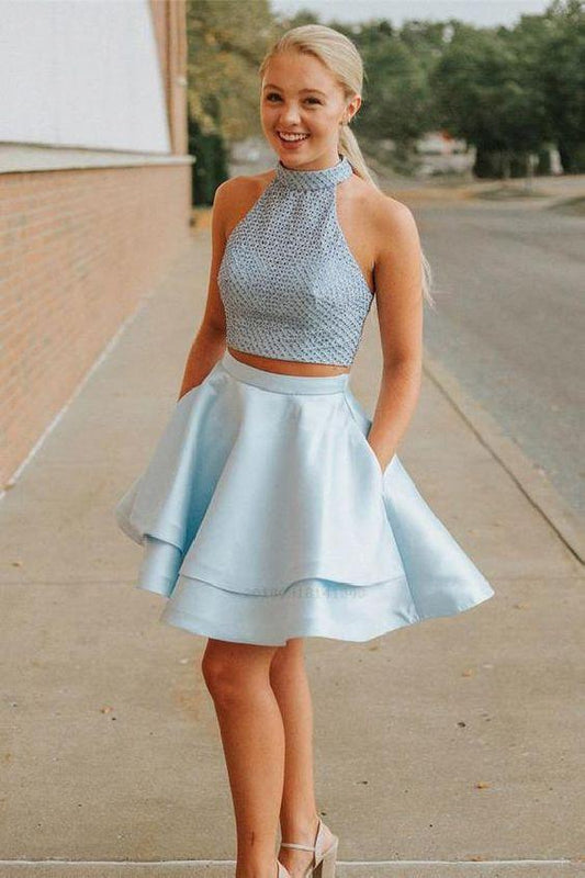 Halter Sleeveless Backless Blue Kaitlynn Two Pieces Homecoming Dresses Short CD232