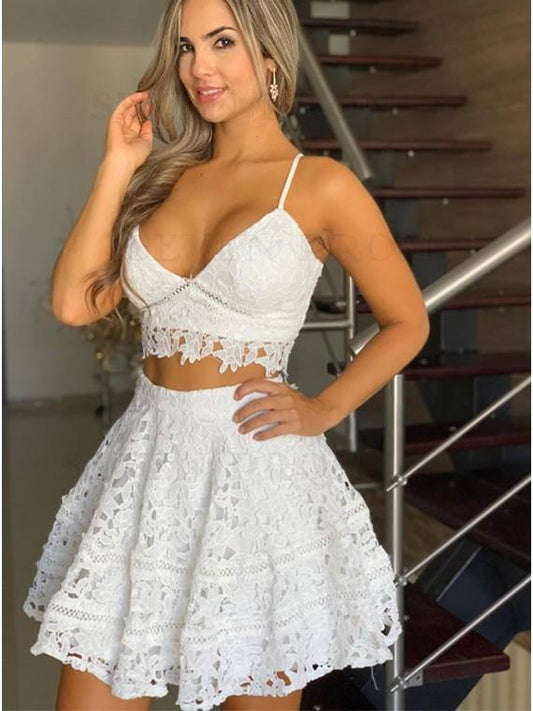 Two Piece Spaghetti Straps Short Homecoming Dresses Lorena Lace White CD23868