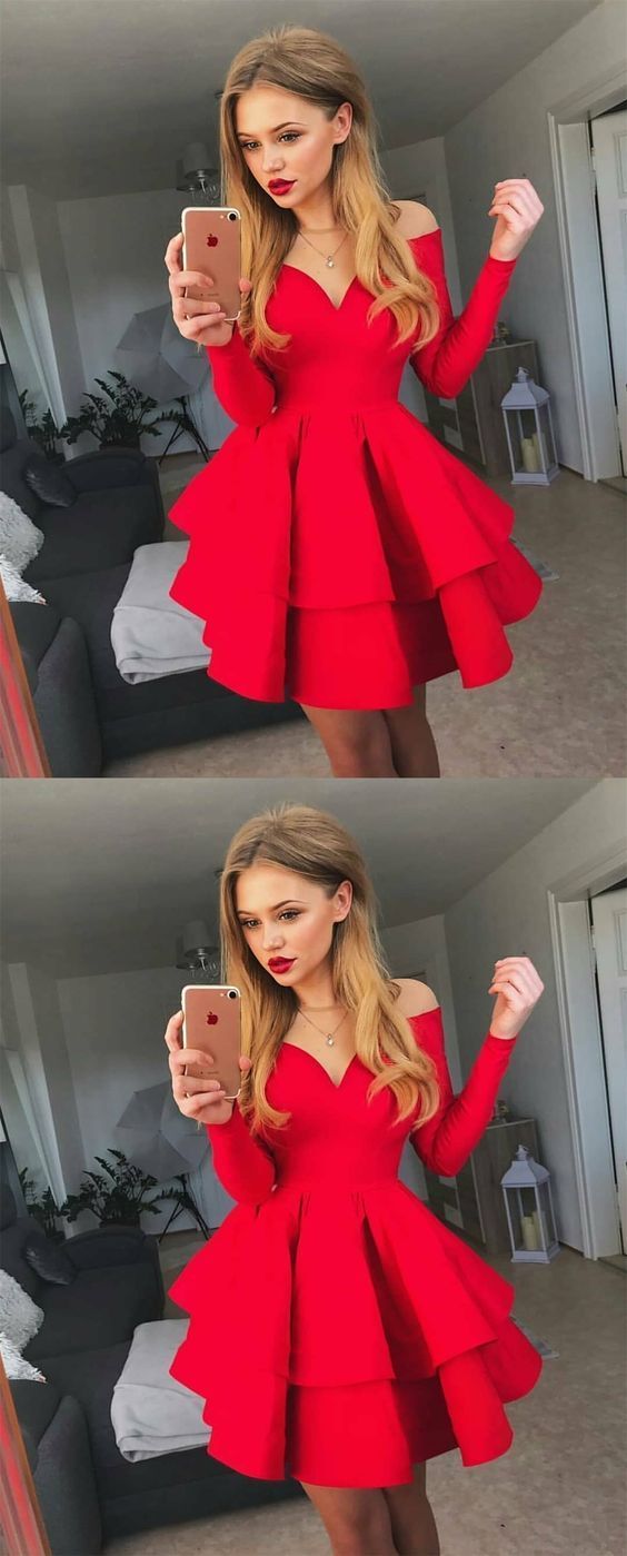 A-Line Crew Neck Long Sleeves Short Cecelia Homecoming Dresses Red Tiered CD240