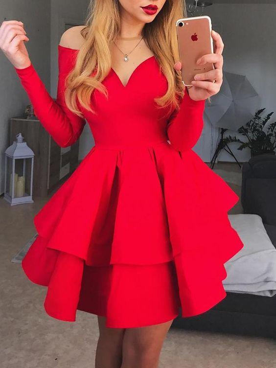 A-Line Crew Neck Long Sleeves Short Cecelia Homecoming Dresses Red Tiered CD240