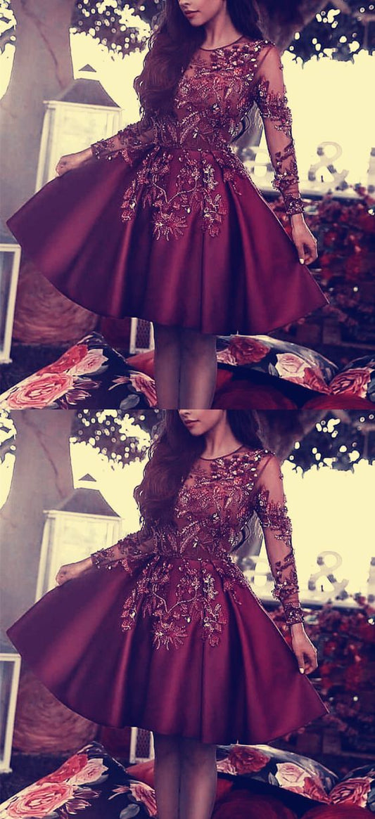 Long Sleeves Burgundy Violet Homecoming Dresses CD24054