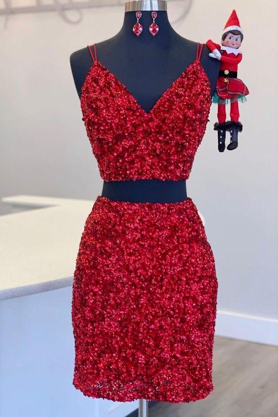 Homecoming Dresses Mariam Two Piece Red Sequined Dress CD24085