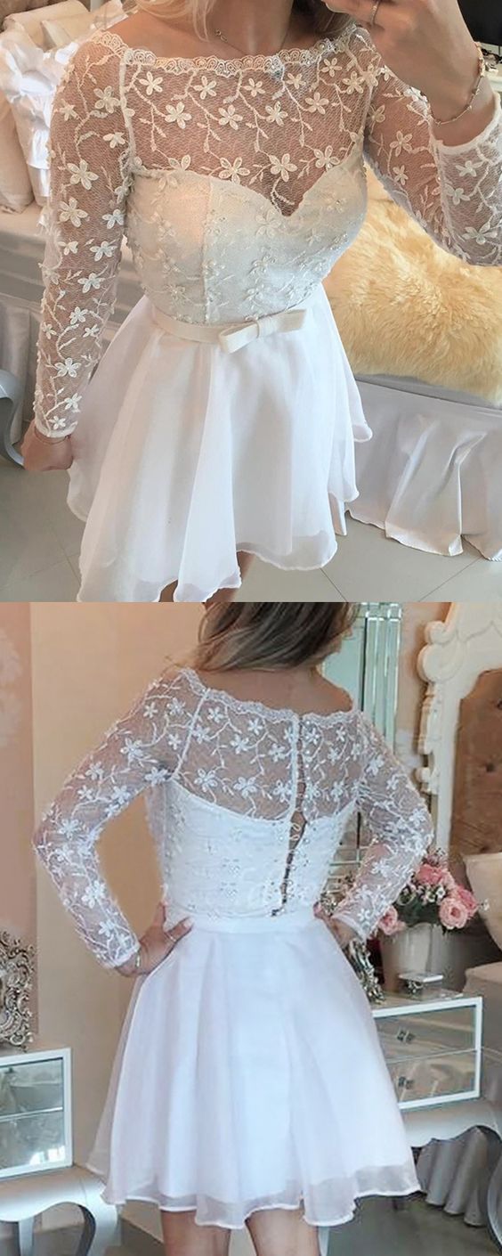 A-Line Bateau Long Sleeves Short Homecoming Dresses Lace Aubrie With Sash CD24255