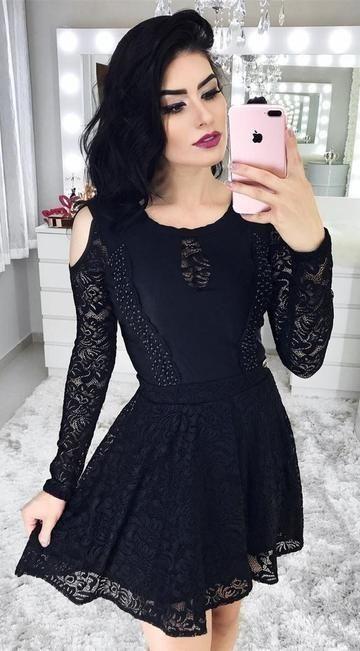 Homecoming Dresses Madilyn Long Sleeve Black For Teens Cold Shoulder Little Black Dress Semi Formal Dress For Junior CD24438