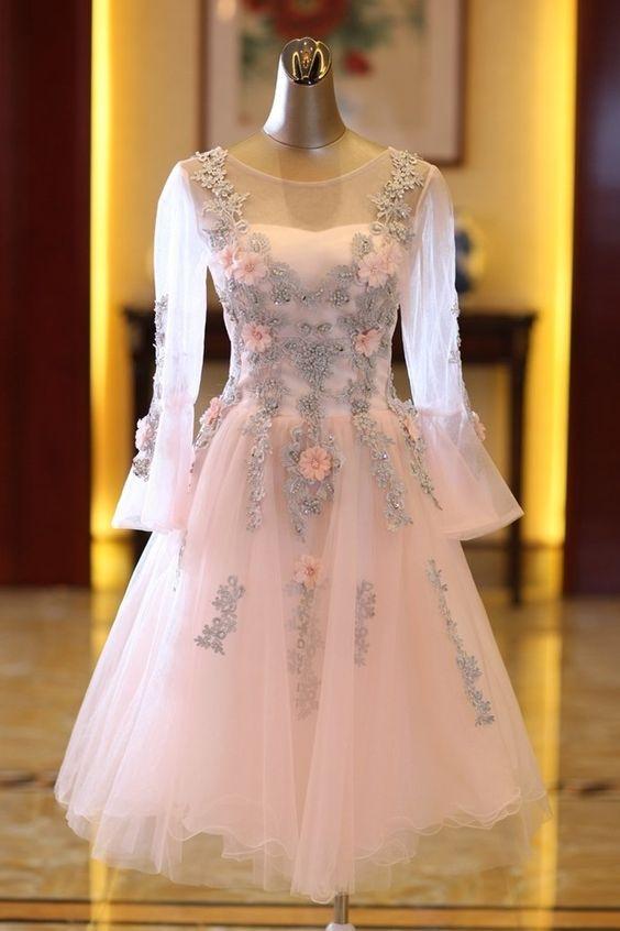 Adorable Tulle Knee Length Homecoming Dresses Pink Lindsey Long Sleeves Party Dress CD24614