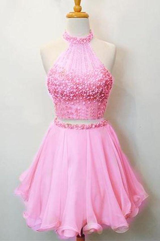 Hot Two Piece Viviana Homecoming Dresses Pink Halter Beaded Scoop Neck Keyhole Back CD24615