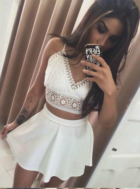 White Two Piece Spaghetti Homecoming Dresses Rosemary Lace Straps Short CD24635