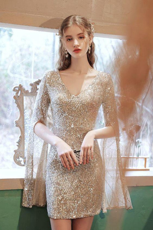 Tight Gold Sequins Party Dress With Flare Ansley Homecoming Dresses Long Sleeves CD24696