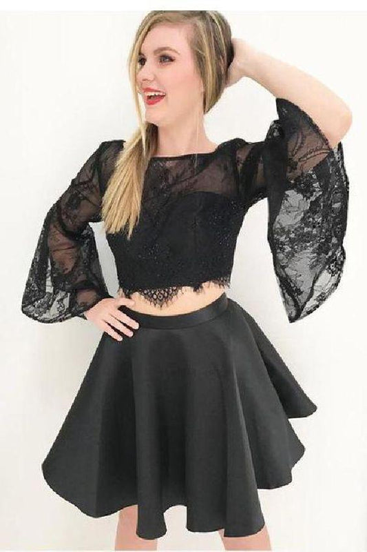 Two Piece Pat Homecoming Dresses Black Short 2 Piece Bell Sleeves CD254