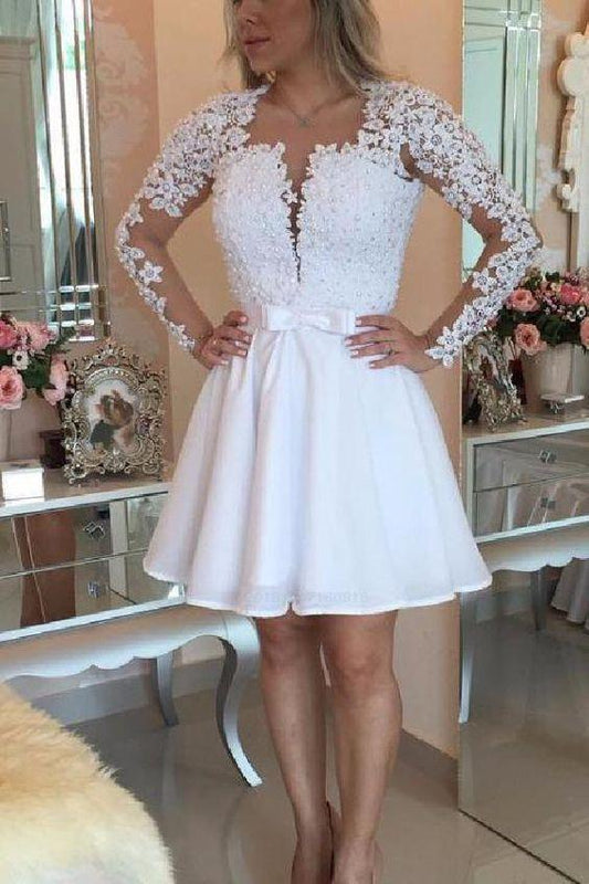 Short Lace Homecoming Dresses Kianna White Party Dresses Mini Open Back Long Sleeves Sexy Deep V-Neck Party Dresses CD265