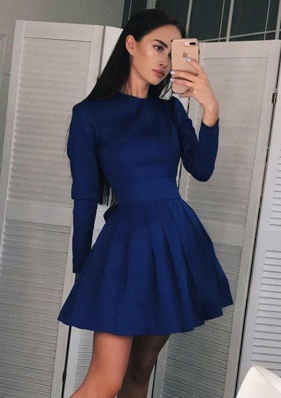 Dress Stain Long Sleeves Gia Royal Blue Homecoming Dresses Dresses Pleated CD2695