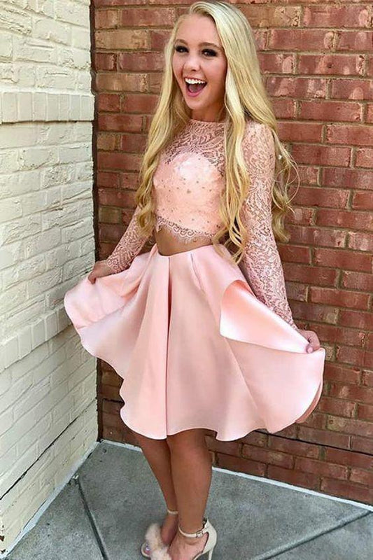 Two Lace Pink Elaine Homecoming Dresses Piece Jewel Long Sleeves Short With Party Dress CD2728