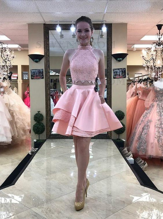 Two Piece High Neck Pink Lace Whitney Homecoming Dresses Above-Knee With Pockets CD2832