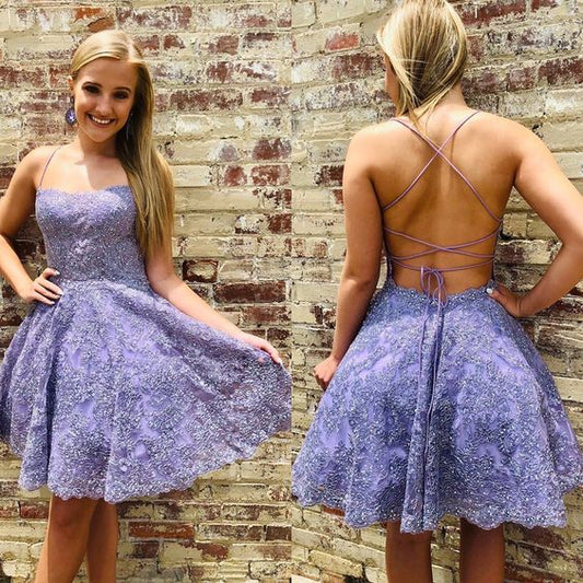 Lace Homecoming Dresses Jolie Cute Straps Purple Short CD3014