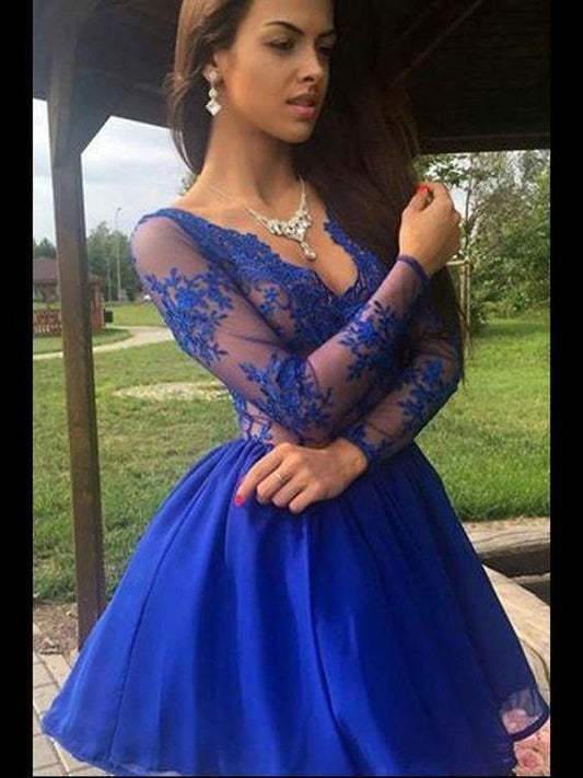 Abbey Homecoming Dresses Royal Blue Lace Long Sleeves Dresses Short Short CD314