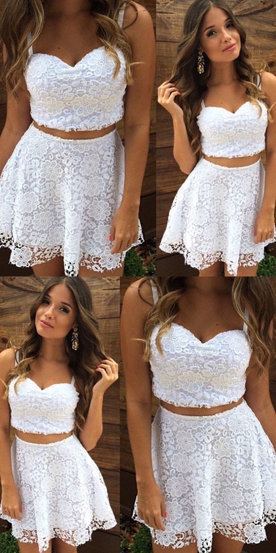 Two Piece Straps Short White Homecoming Dresses Lace Ida Cocktail Dress Cheap CD319