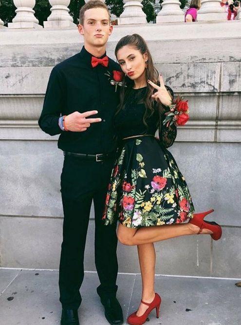 Two Piece Jewel Bodice Long Sleeve Logan Lace Homecoming Dresses Satin With Floral Print Skirt CD3276