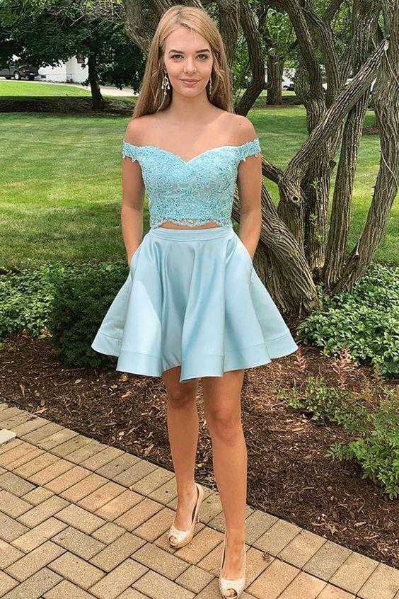 Jemima Homecoming Dresses Two Piece Off-The-Shoulder Blue With Appliques CD3341