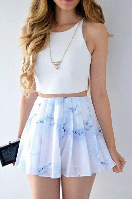 Two Piece Bateau Short Printed White Homecoming Dresses Ashley Chiffon CD368