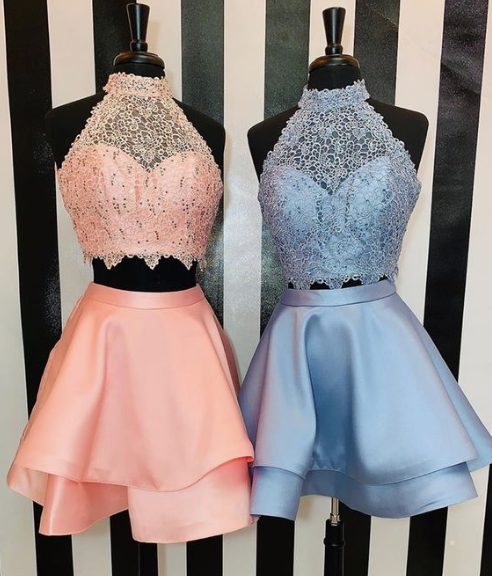 Two Piece Round Neck Janet Homecoming Dresses Satin Lace Short Blue With CD3826