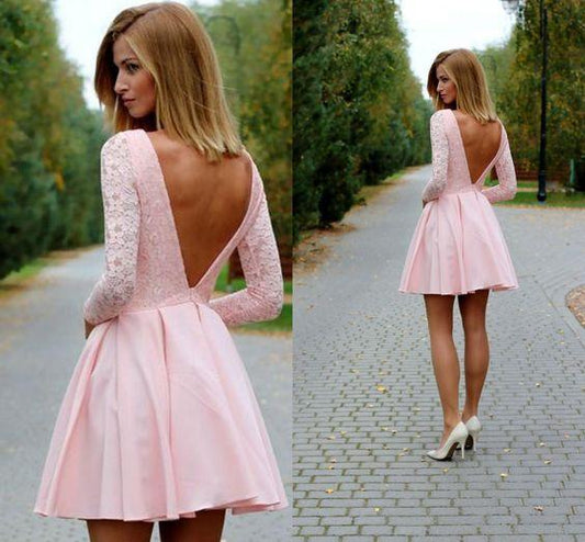 Sexy Mini Long Sleeves Party Dress Deep V Back Pink Ayana Lace Homecoming Dresses Backless Club Dresses CD386