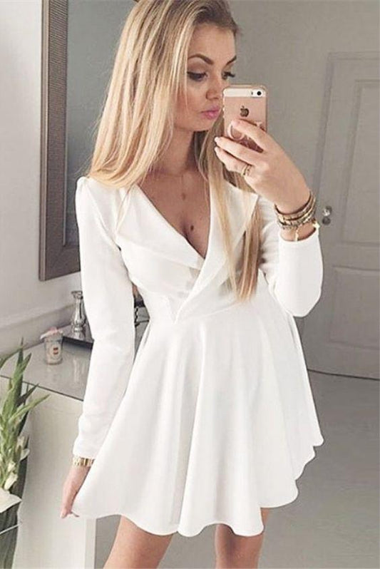 A-Line V-Neck Long Sleeves White Homecoming Dresses Liana CD3982