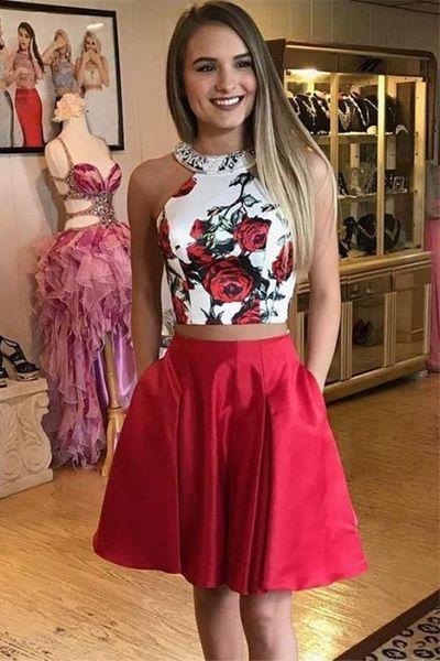 Two Piece Floral Red Short With Pocket Simple Knee Length Graduation Party Homecoming Dresses Jamiya A Line Dress CD407