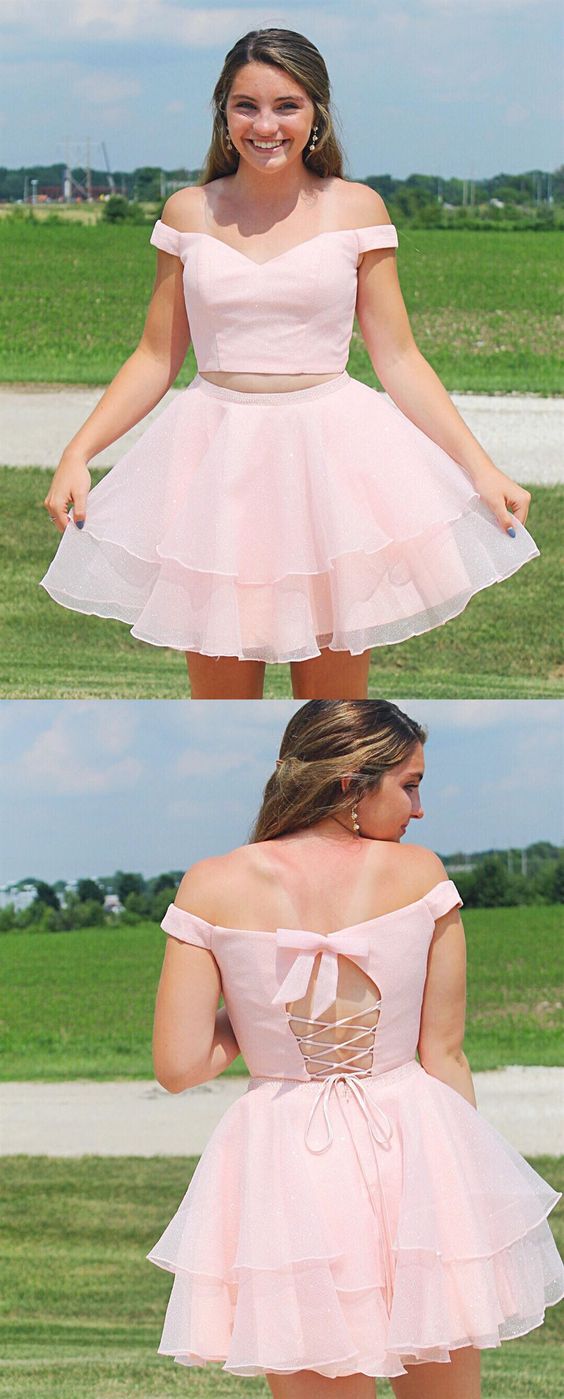 Off Two Pieces Pink Homecoming Dresses Ally A Line The Shoulder With Beading CD4081