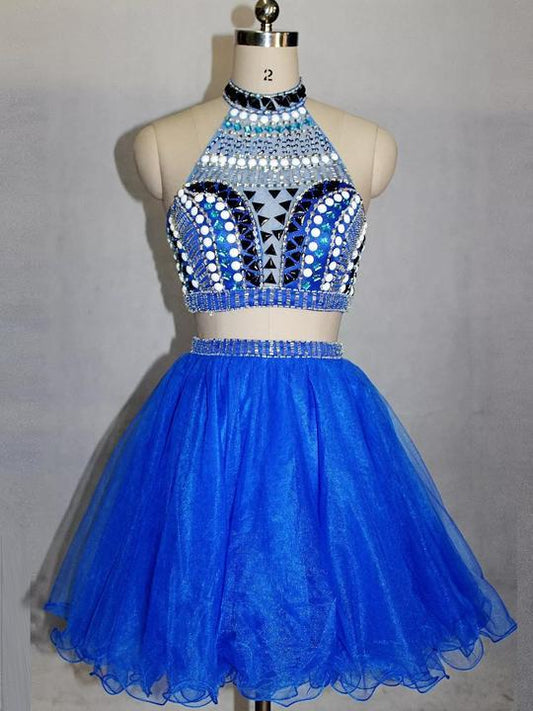 Blue High Neck Beaded Short Dresses Homecoming Dresses Cocktail Two Pieces Natalia CD413