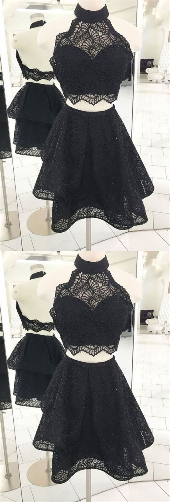 Black Halter Short Homecoming Dresses Lace Two Pieces Henrietta Cocktail Dresses CD417