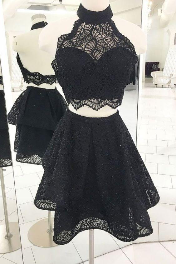 Black Halter Short Homecoming Dresses Lace Two Pieces Henrietta Cocktail Dresses CD417