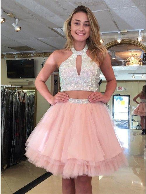 Cute Halter Raquel Pink Homecoming Dresses Two Piece Beaded Short CD419