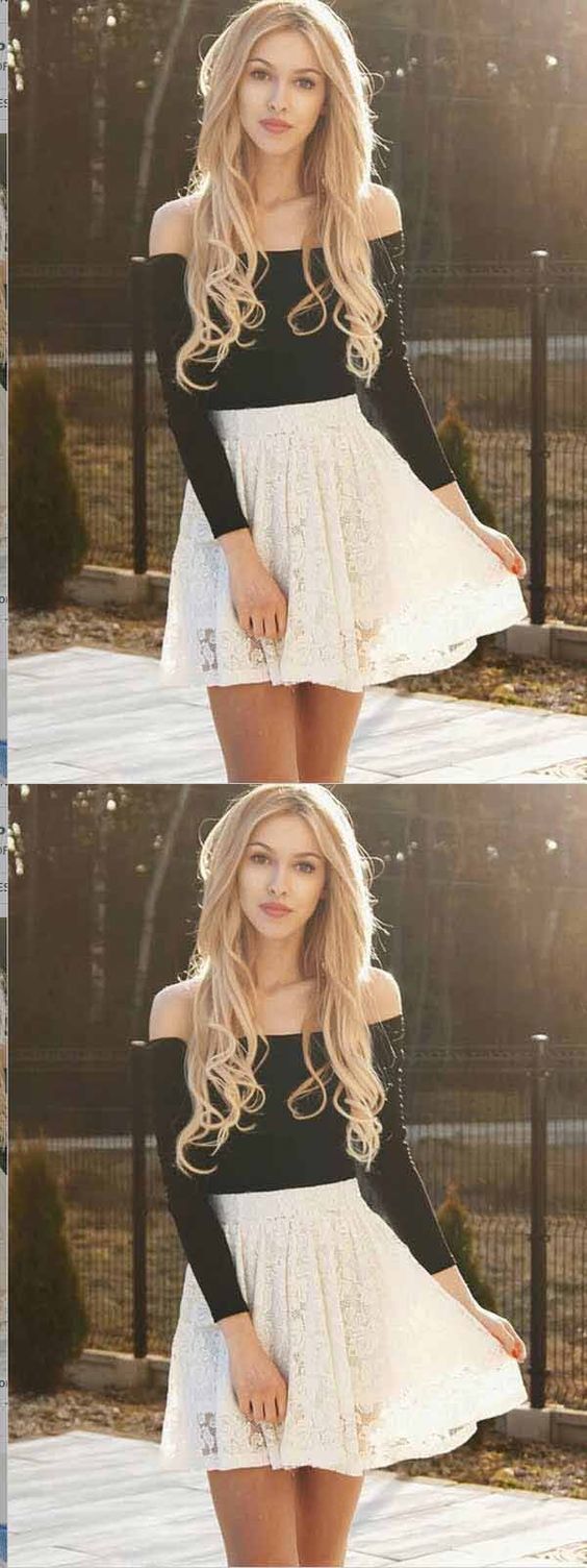 Two Piece Lace Ivory Homecoming Dresses Baylee Long Sleeves Short CD429