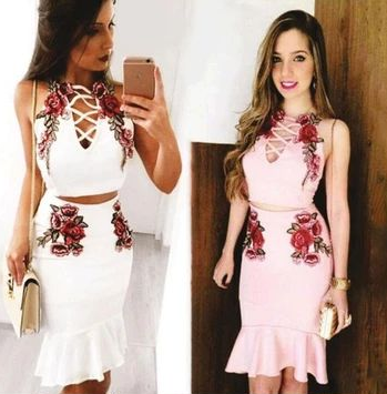 Sexy Fashion Straps Floral Embroidery Two Piece Jakayla Homecoming Dresses CD4324