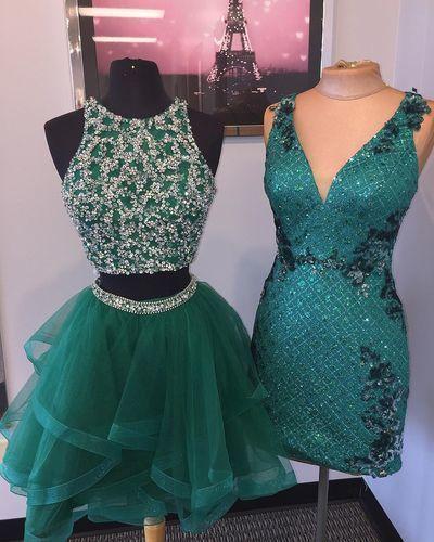 Elegant Short Beaded Tulle Party Gown Kaylen Homecoming Dresses Green Two Piece Dress CD4360