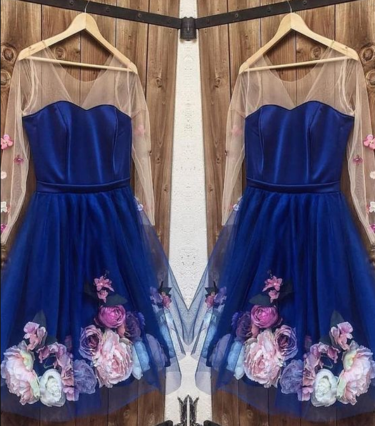 Homecoming Dresses Winifred Long Sleeves 3D Floral Short Blue Dresses Short Blue Formal Graduation CD4513