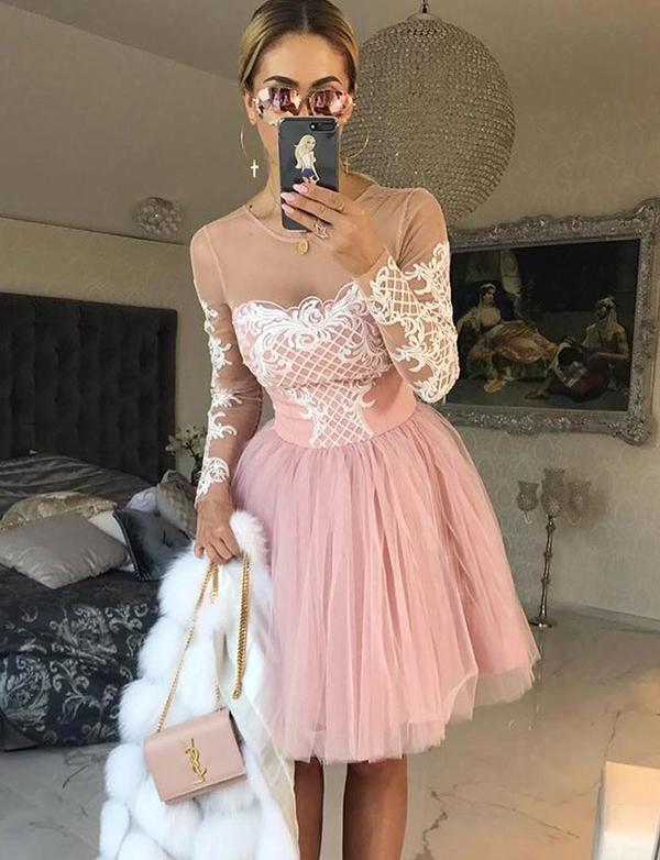 A-Line Jewel Long Sleeves Rylee Pink Homecoming Dresses Cocktail Tulle Dress With Appliques CD559