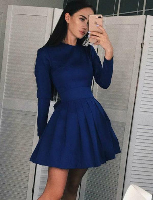 Fashion A-Line Jewel Kaylie Homecoming Dresses Long Sleeves Navy Blue Short CD565