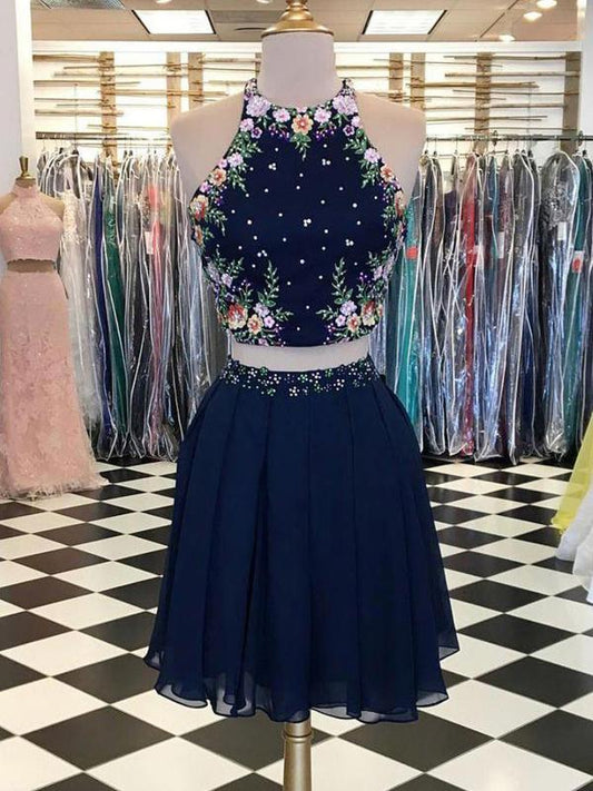 Sexy Navy Blue Short With Halter Neckline Affordable Homecoming Dresses Ellen Two Pieces CD590