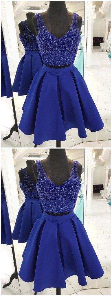 V Homecoming Dresses Alina Royal Blue Neck Beaded Two Piece CD65