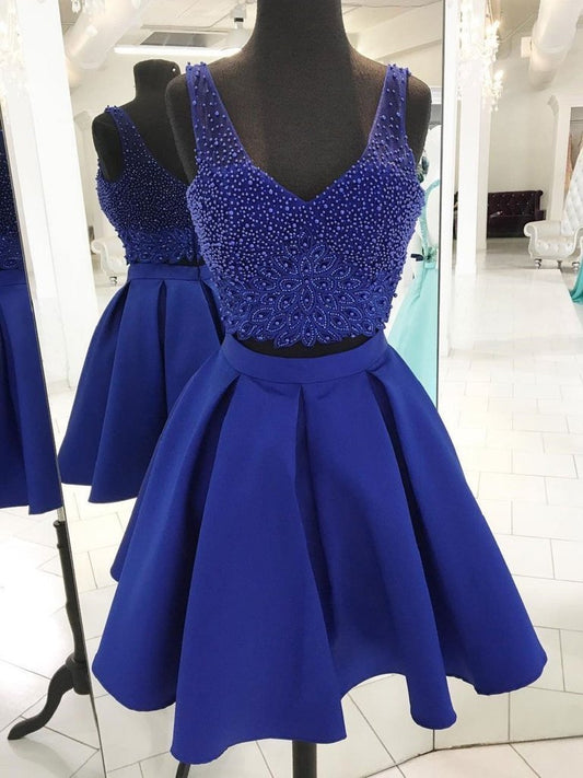 V Homecoming Dresses Alina Royal Blue Neck Beaded Two Piece CD65