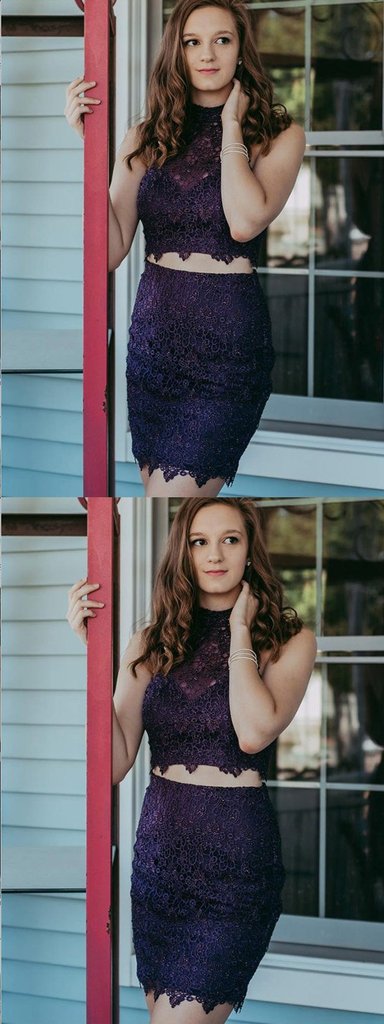 Lace Homecoming Dresses Noelle Two Piece Purple Beaded Tight CD661