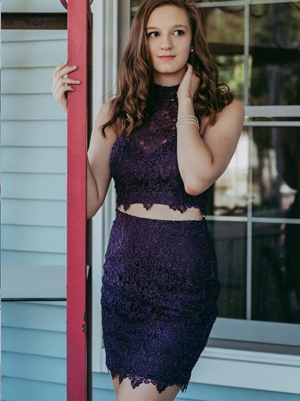 Lace Homecoming Dresses Noelle Two Piece Purple Beaded Tight CD661