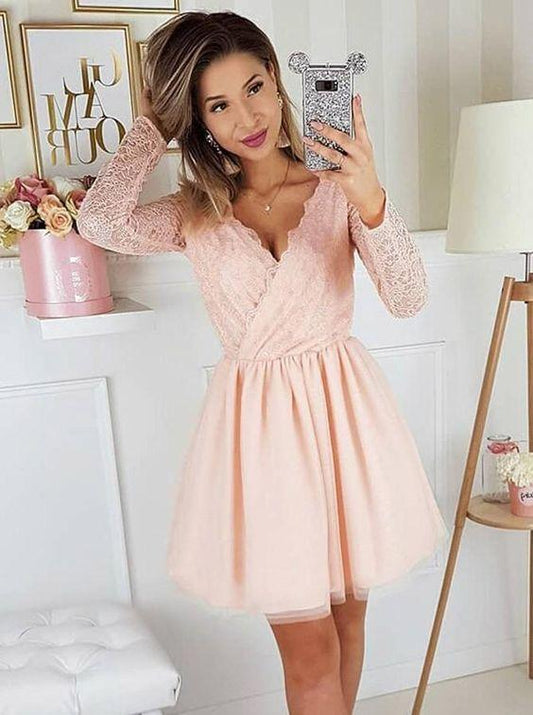 Ball Jean Pink Homecoming Dresses Lace Gown Dresses A-Line V-Neck Long Sleeves Party Dress With CD6651