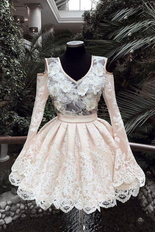 Homecoming Dresses Lace Krystal V Neck Short Party Dress Long Sleeves CD7262