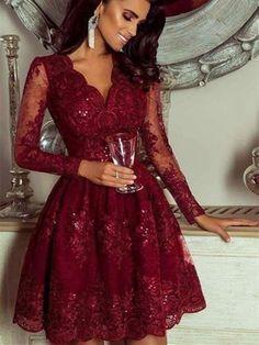 Long Sleeves Burgundy Formal Evening Graduation Lace Homecoming Dresses Persis Dresses CD7541