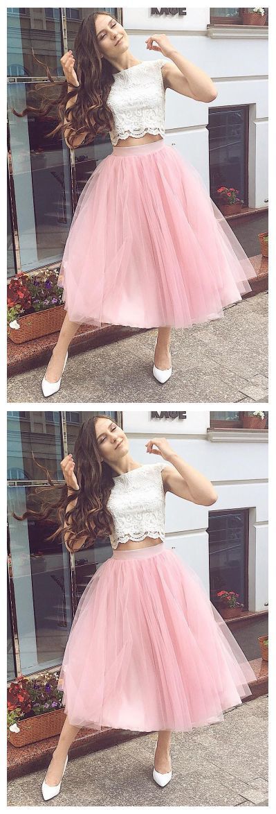 Fashion Two Piece Tulle Pink Homecoming Dresses Dixie Lace Party Dress CD8030