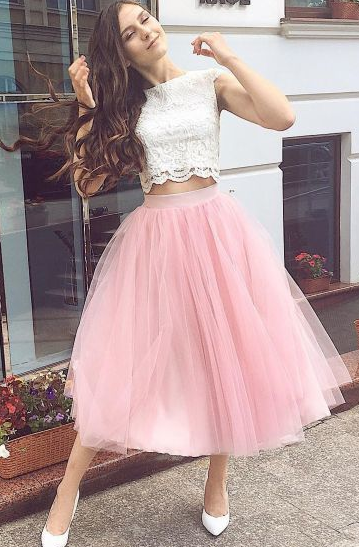 Fashion Two Piece Tulle Pink Homecoming Dresses Dixie Lace Party Dress CD8030