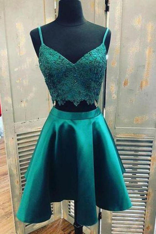 Teal Two Piece With Spaghetti Satin Homecoming Dresses Gill Lace Strap Graduation CD8105